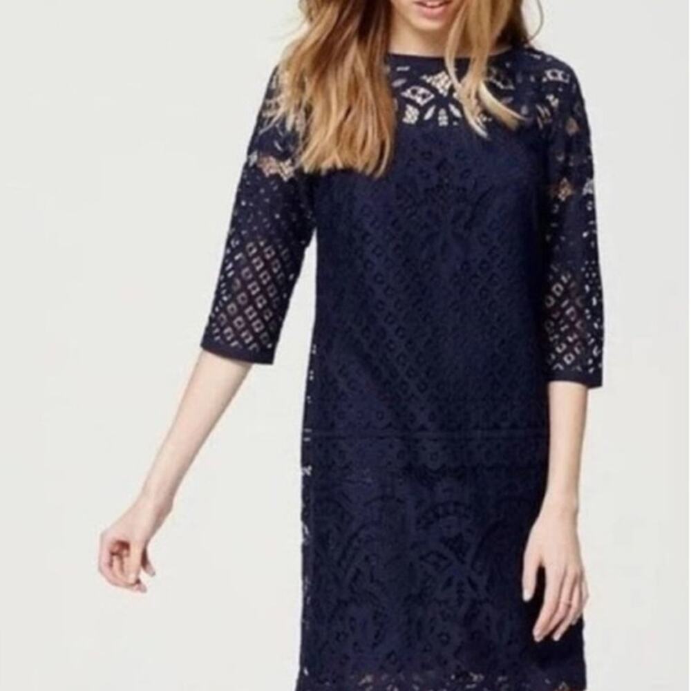 Ann Taylor LOFT Women's  Blue Lace  Dress with 3/4 Sleeves size 10